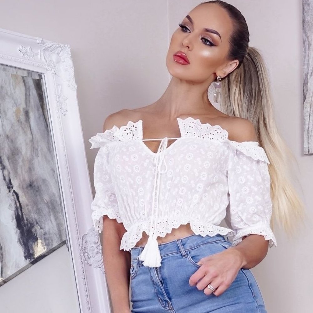 White Lace Frill Hem Off Shoulder Crop Top - Picture 5 of 6